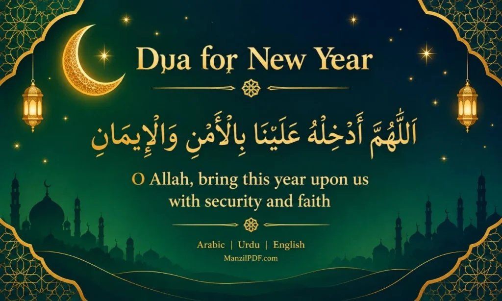 Dua for new year in Arabic with English and Urdu translation on an Islamic crescent design